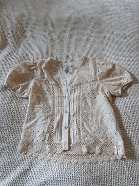 Women's Cream Eyelet Button-Front Blouse with Lace Trim